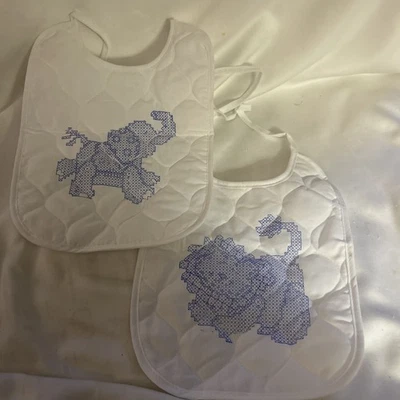 Baby Animal Bibs Stamped Cross Stitch Kit Elephant And Lion Bibs Only NOS - Image 1 of 4