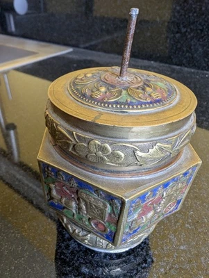 Antique Lidded Chinese Tea Caddy ENAMELED BRASS hexagonal 4” - Image 1 of 4
