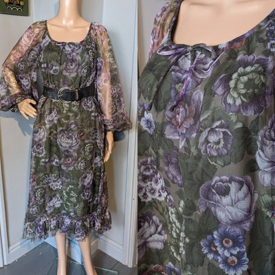 Винтажное шифоновое платье-прерия 70-х Kitty Copeland с цветочным рисунком Bloom Smock S 8 10 36 38 - Изображение 1 из 4