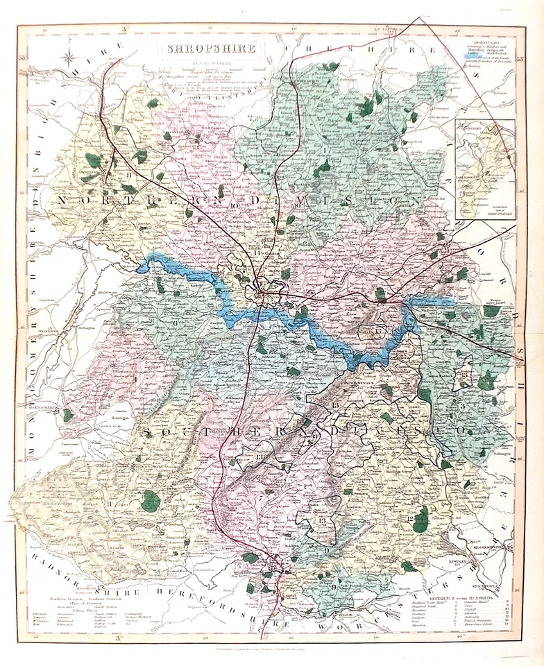 OLD ANTIQUE MAP SHROPSHIRE RAILWAYS DIVISIONS  HUNDREDS  c1860 by J & C WALKER - Image 1 of 1
