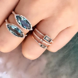 Anello cocktail Navette Marquise topazio blu zirconi argento sterling 925 7 CT aureola TG 8 - Foto 1 di 2