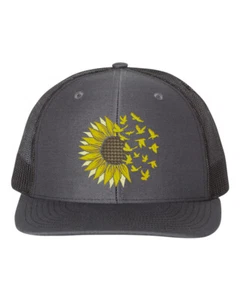 SONNENBLUMENMÜTZE, Sonnenblumenfliege, BESTICKTE MÜTZE, GESCHENK FÜR GÄRTNER, NATURMÜTZE - Bild 1 von 20
