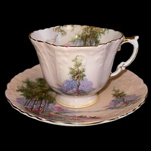 Aynsley England Pink Blue Landscape Trees Pattern Cup & Saucer Gold Trim - Picture 1 of 11