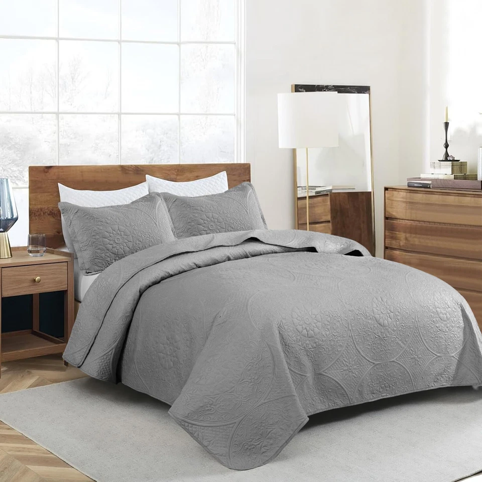 Colcha Floral Juego de Ropa de Cama 3 Piezas Colcha Queen King Size Acolchada Tiro de Cama Foto 1 de 1