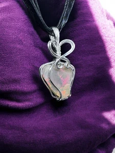 Ethopian Opal Pendant Necklace Pink Orange Green Wire Wrapped Silver Pendant - Picture 1 of 4