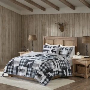 NEW ~ CLASSIC CABIN LODGE COZY GREY BLACK RUSTIC PLAID MOOSE SOFT WARM QUILT SET - Picture 1 of 3