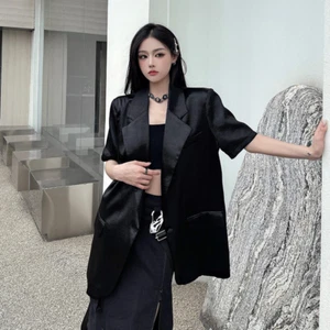 Women Shiny Short Sleeve Suit Coat Party Loose Blazer Jacket Button Club Suit - Picture 1 of 20