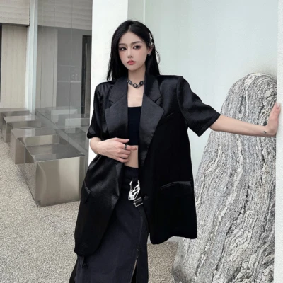Women Shiny Short Sleeve Suit Coat Party Loose Blazer Jacket Button Club Suit - Image 1 of 4