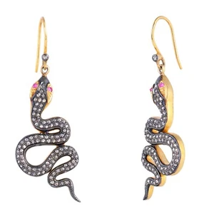 Snake 14K Gold Diamond Pave Dangle Earrings 925 Silver Wedding Fine Gift Jewelry - Picture 1 of 7