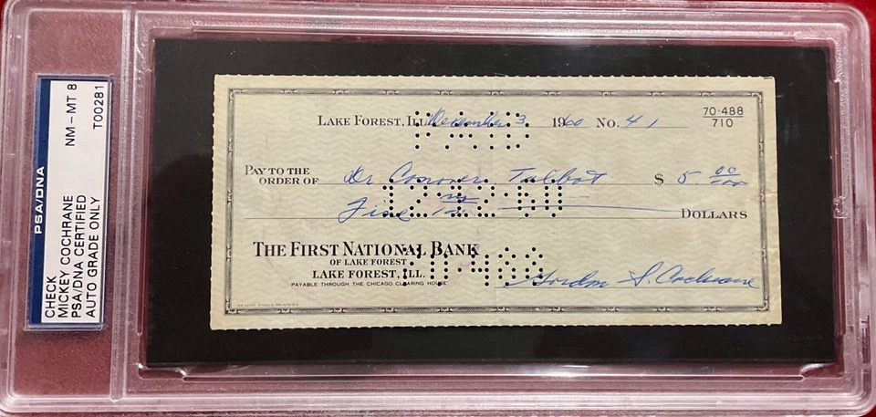 Mickey Cochrane Detroit Tigers  Autograph Graded 8 Bank Check PSA/DNA Certified - Image 1 of 1