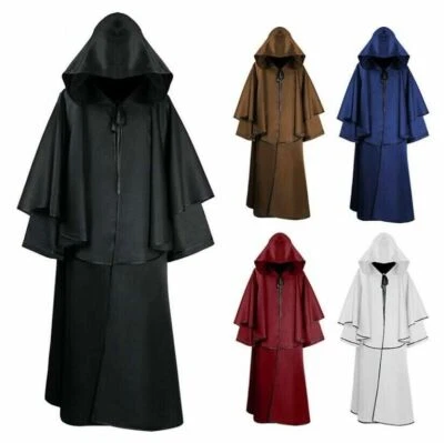 Mens Medieval Hooded Long Robe Cloak Monk Cosplay Costume Poncho Coat Halloween - Image 1 of 4