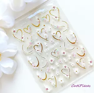 Pegatinas para arte en uñas 5D corazones dorados blanco rosa flores margarita punta francesa pegatina 117 - Imagen 1 de 3