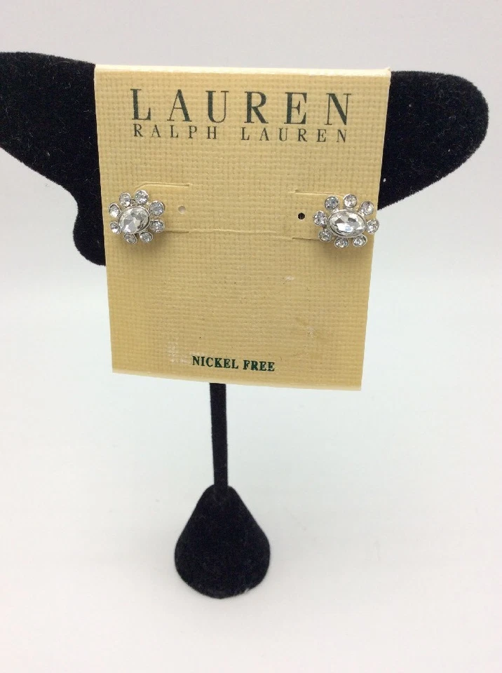 $30 Ralph Lauren Tono Plata Transparente Ova Piedra Cristal Pendientes 133A Foto 1 de 4