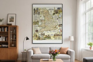 150X100CM Medieval England Map Wall Print Backdrop Educational Poster Wall Decor - Picture 1 of 11