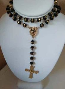 Black Gold Silicone Rosary Chain Necklace Stainless Steel Cross - Picture 1 of 5