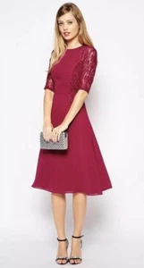 ASOS TALL Midi Skater Dress With Lace Panels. Magenta Pink. Chiffon. US 4/UK 8 - Picture 1 of 9