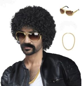 Cool Dude Party Costume MIZ Afro Wig Black Jheri Curl Gold Necklace Sun Glasses 