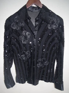 R7 Samual Dong Black Party Blouse SHIRT S Black Sheer Sequin Stripe Satin Floral - Picture 1 of 8