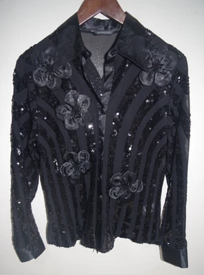 R7 Samual Dong Blusa de Fiesta Negra CAMISA S Negra Lentejuelas Transparentes Rayas Satén Floral Foto 1 de 4