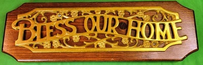 Vintage Bless Our Home Brass Color Wood Wall Hanging Sign Plaque Deco - Image 1 of 4
