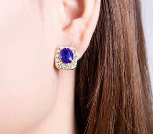 Pendientes Vintage 1/2" Pequeño Clip en Oro Cuadrado Azul y Piedra Transparente - Imagen 1 de 4