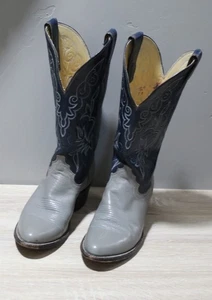 VINTAGE made USA Justin Western Cowboy Boots Leather 7B Gray Navy Embroidered - Picture 1 of 18