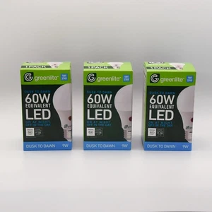 Greenlite LED Bulbs 3-Pack 60W Eq 9W Dusk-to-Dawn A19 800lm 3000K Indoor/Outdoor - Picture 1 of 8