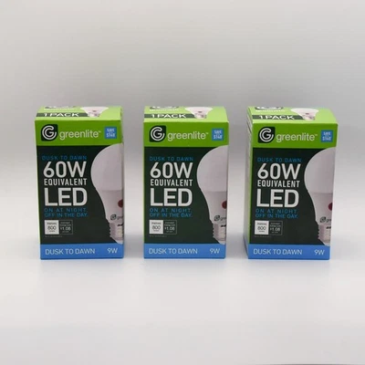 Greenlite LED Bulbs 3-Pack 60W Eq 9W Dusk-to-Dawn A19 800lm 3000K Indoor/Outdoor - Image 1 of 4