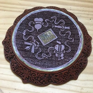 Antico piatto cinese intagliato laccato cinabro rosso marcato dinastia Qing 10" D - Foto 1 di 7