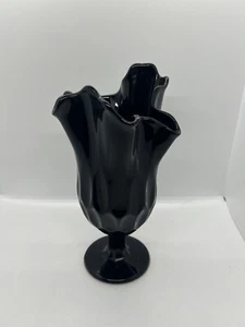 Fenton Thumbprint 9 1/2” Black Glass Swung Ruffled Handkerchief Vase - Picture 1 of 9
