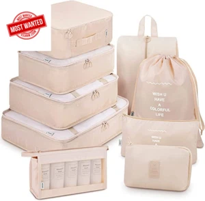 9-Pc Packing Cubes Set with Shoe & Electronics Bags, Luggage Organizers, Beige - Picture 1 of 12