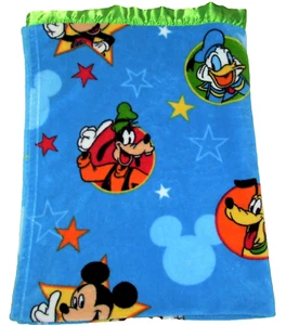 Mickey Mouse Goofy Donald Blue Toddler Baby Blanket Stars Green Satin Trim 40x50 - Picture 1 of 2
