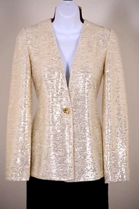 ST.JOHN Women Knit Cream Sequins Throughout Shimmer Rhinestone Jacket Sz 2 - Picture 1 of 4