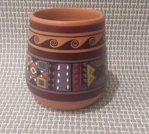 Decorated Clay Hand Painted Colorful Pottery Ceramic Vase Cup 4" Tall Signed HP - Picture 1 of 6