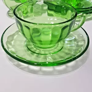 Fostoria Glass, Optic Green Depression Glass, Tea Cup & Saucer Set for 4, 1930s - Picture 1 of 10