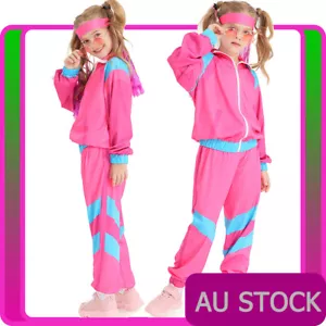 Girls 80s Costume Kids Child Pink Tracksuit 1980s Height Of Fashion Disco - Picture 1 of 8