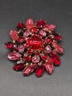 Vintage Costume Jewelry Brooch Done Red Pink Cabochon Round Marquise Rhinestones