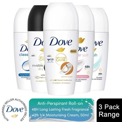 Dove Powder Soft Roll On Antiperspirant 48H Long Lasting Fresh Fragrance50ml,3pk