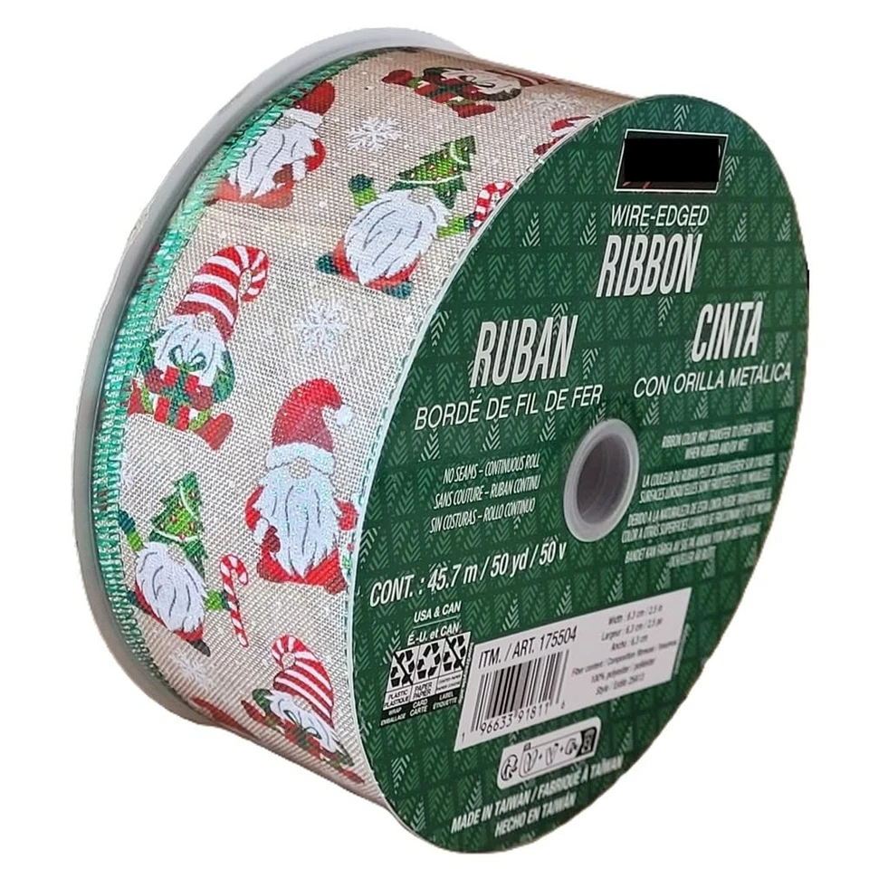 4 Kirkland Christmas Light Wire Edge Tree Wreath Ribbon 2.5 inx50yd Santa Gnome
