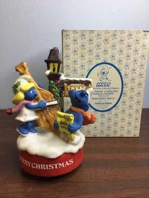 Vtg 1982 Wallace Berrie The Smurfs Carolers Musical Figurine Jingle Bells Japan - Image 1 of 4