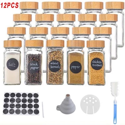 12 x Glass Spice Jars Airtight with Bamboo Lids Storage Bottle Containers Pots - Image 1 of 4