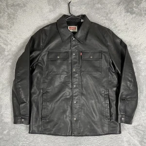 Levis Faux Leather Shirt Jacket Mens Large Black Sherpa Lined Trucker Coat Warm - Picture 1 of 11