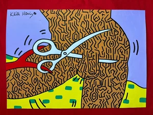 Keith Haring drawing on antique paper (handmade), signed and sealed, vintage art - Picture 1 of 3
