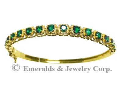 Women's Solid 14K Gold Bangle Bracelet with Round Colombian Emeralds 7" Bangle — 第 1/4 张图片