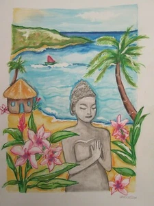 BALI STATUE, Aquarelldruck 11"" x 15"", tropische Blume, Buddha, Stranddekor - Bild 1 von 12