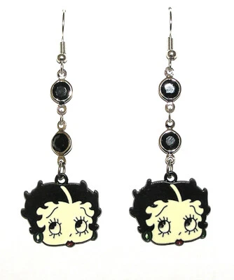 Pendientes Betty Boop llamativos con detalles de cristal negro brillante, estilo colgante Foto 1 de 3