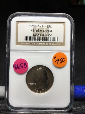 1967 Washington Quarter, MS68 Cameo, Certified, 8655 - Image 1 of 4