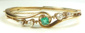 Antique Art Deco Colombian Emerald Diamond Bangle Bracelet 17K Rose Gold 6.25IC - Picture 1 of 10