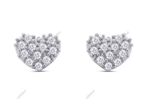 1/7ct Natural Round Diamond Heart Stud Earrings in 925 Solid Sterling Silver - Picture 1 of 9