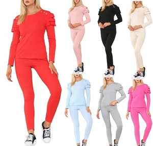 Damen Rüschenärmel Schulter Knopf Oberteil & Hose 2-teilig Loungewear Anzug - Bild 1 von 30